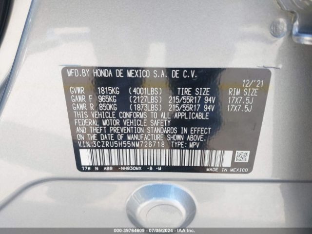 Photo 8 VIN: 3CZRU5H55NM726718 - HONDA HR-V 