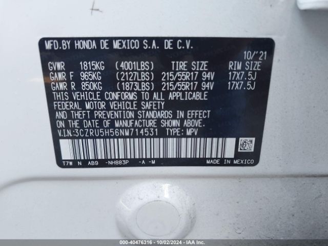 Photo 8 VIN: 3CZRU5H56NM714531 - HONDA HR-V 