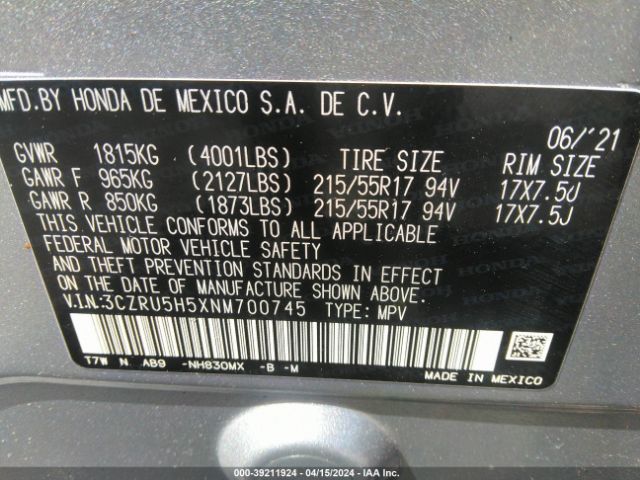 Photo 8 VIN: 3CZRU5H5XNM700745 - HONDA HR-V 