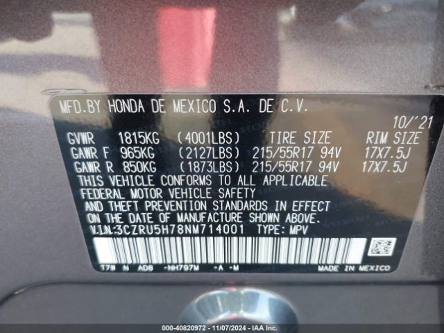 Photo 8 VIN: 3CZRU5H78NM714001 - HONDA HR-V 