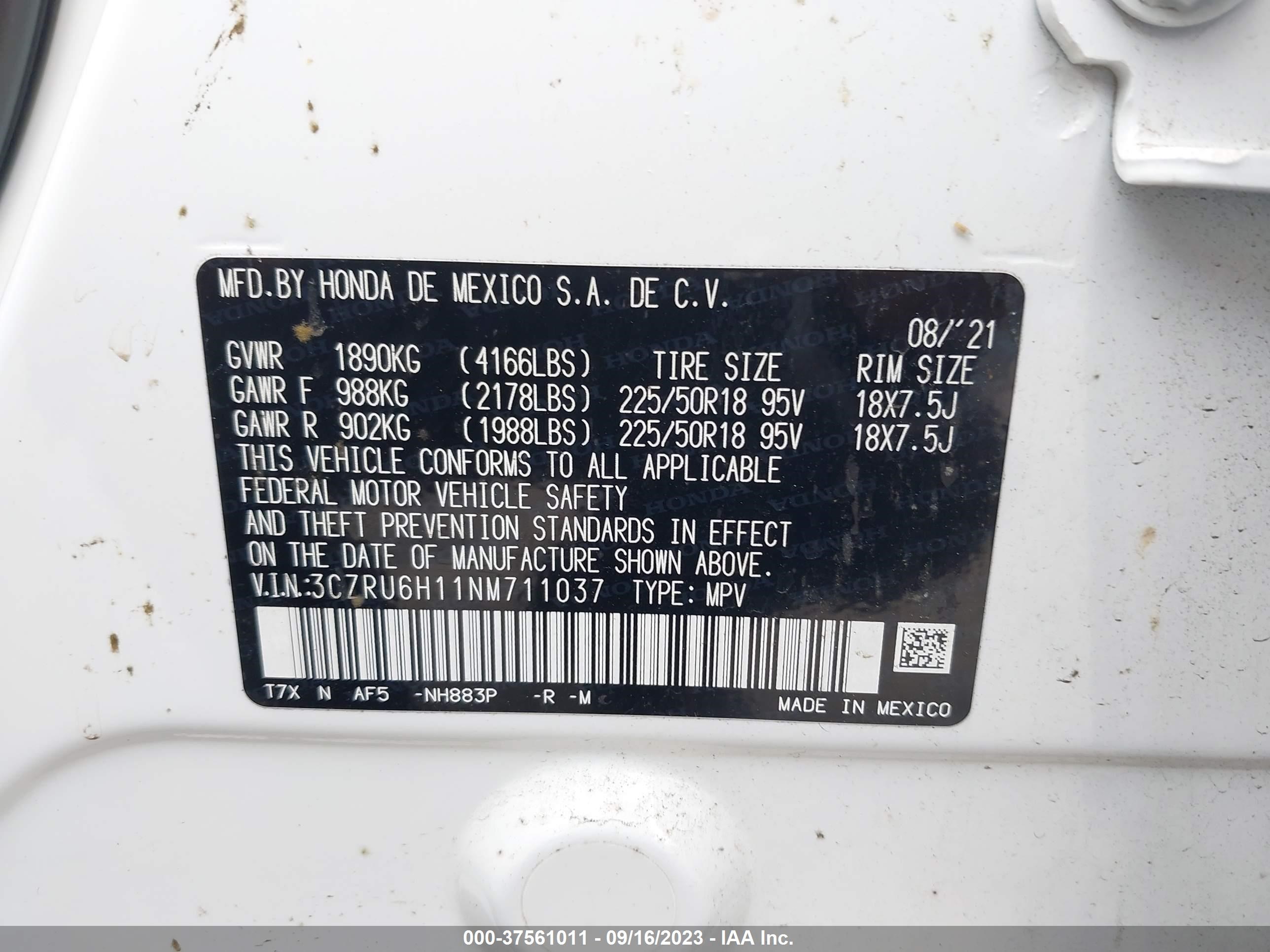 Photo 8 VIN: 3CZRU6H11NM711037 - HONDA HR-V 