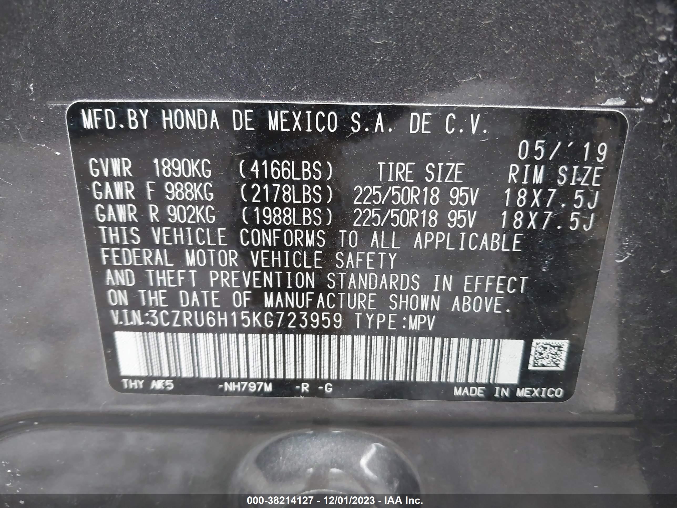 Photo 8 VIN: 3CZRU6H15KG723959 - HONDA HR-V 