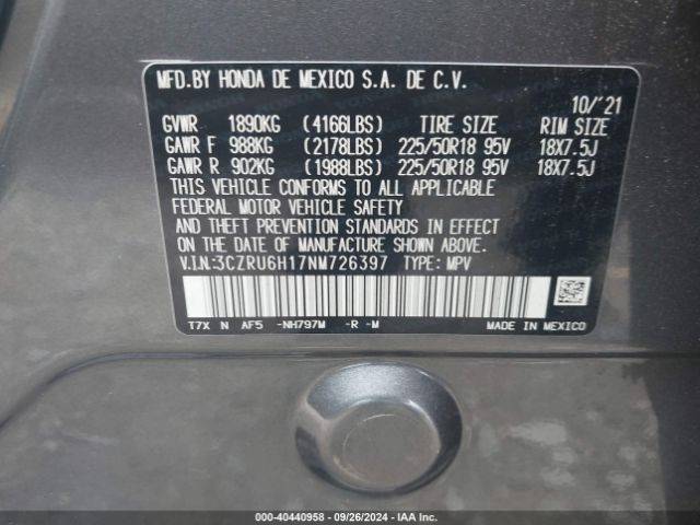 Photo 8 VIN: 3CZRU6H17NM726397 - HONDA HR-V 