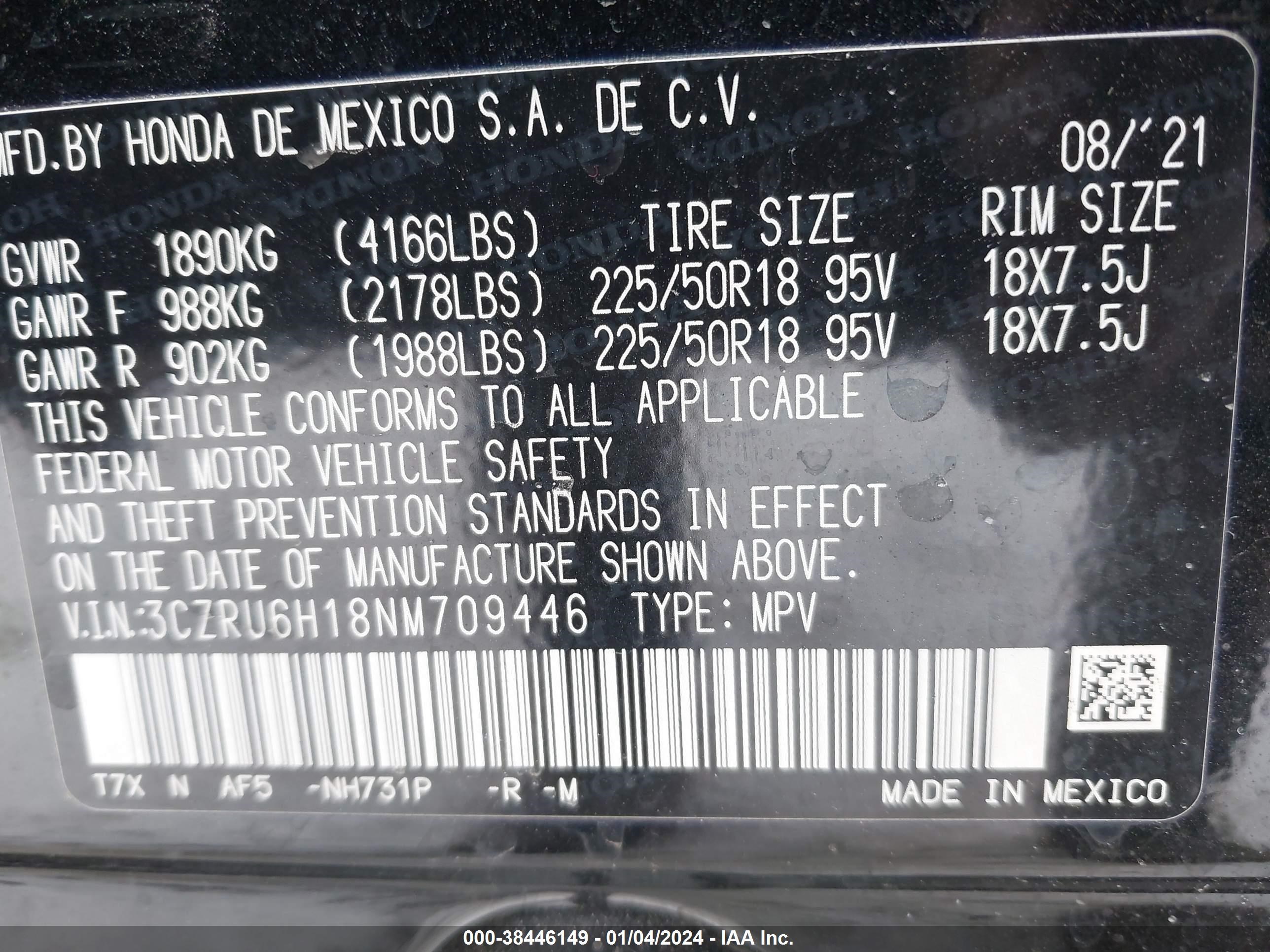 Photo 8 VIN: 3CZRU6H18NM709446 - HONDA HR-V 