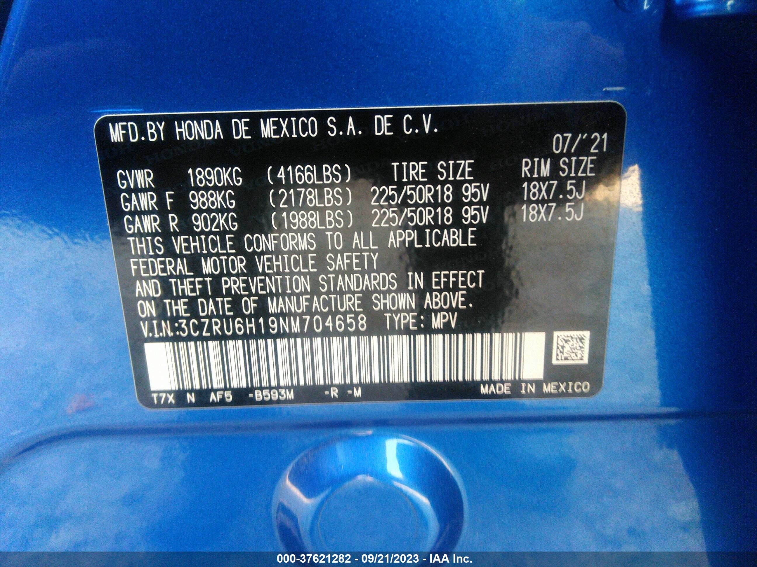 Photo 8 VIN: 3CZRU6H19NM704658 - HONDA HR-V 