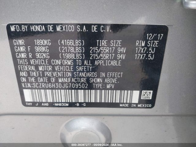 Photo 8 VIN: 3CZRU6H30JG709502 - HONDA HR-V 