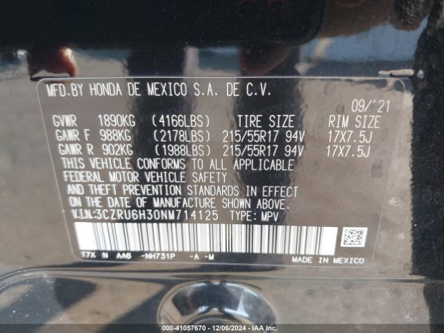 Photo 8 VIN: 3CZRU6H30NM714125 - HONDA HR-V 