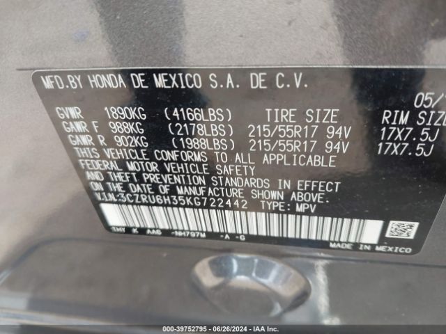 Photo 8 VIN: 3CZRU6H35KG722442 - HONDA HR-V 