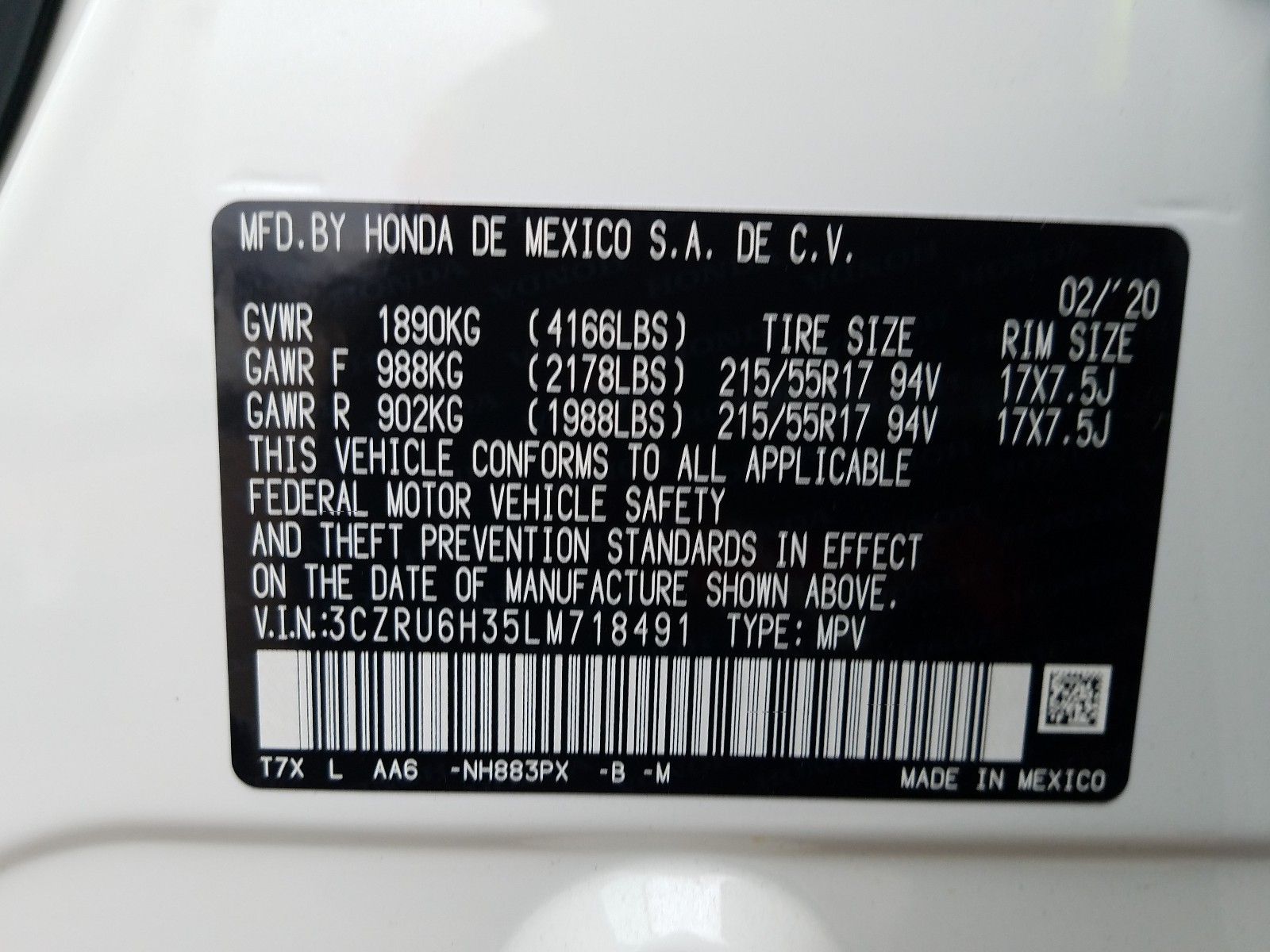 Photo 9 VIN: 3CZRU6H35LM718491 - HONDA HR-V LX 