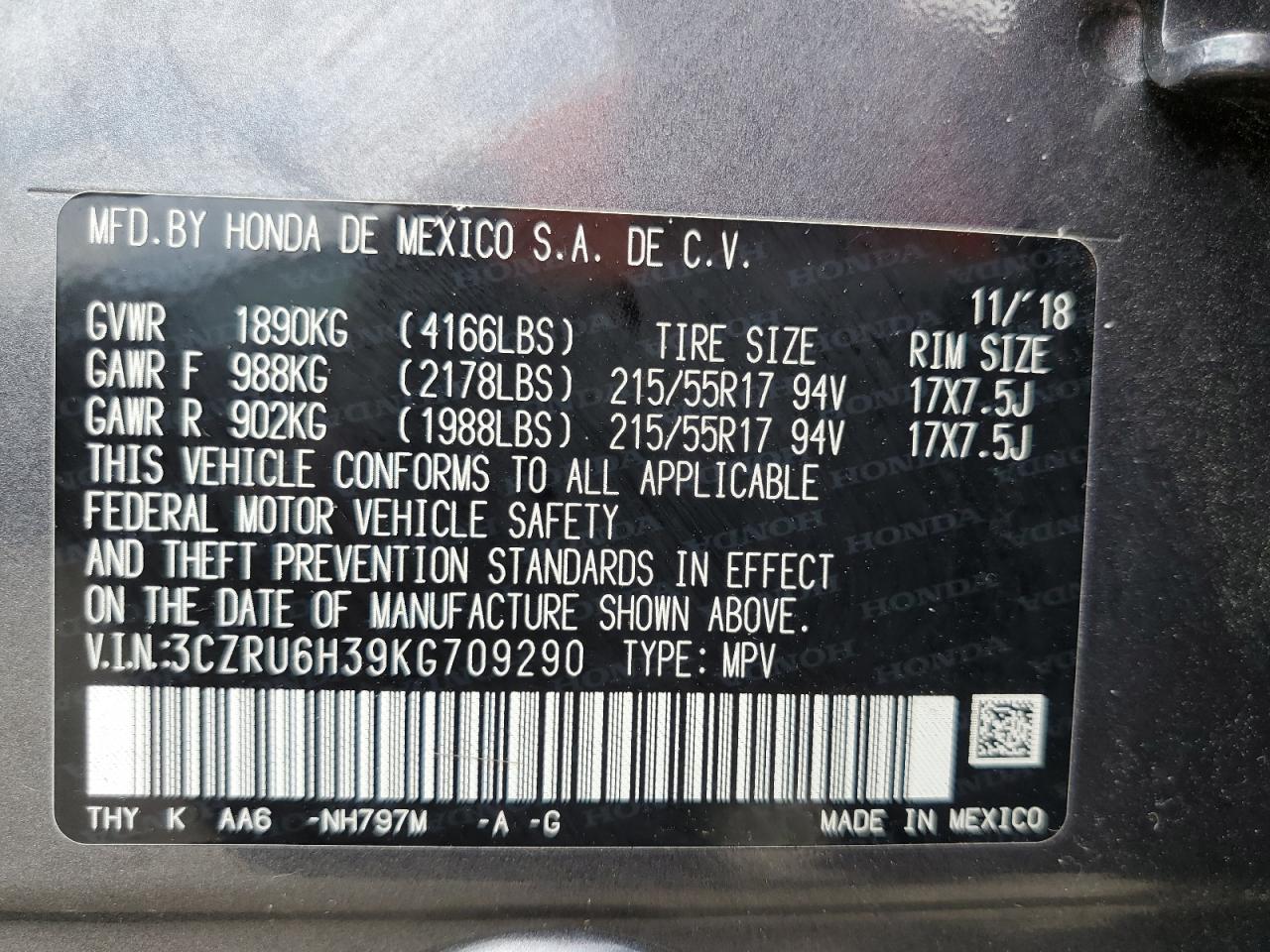 Photo 12 VIN: 3CZRU6H39KG709290 - HONDA HR-V 