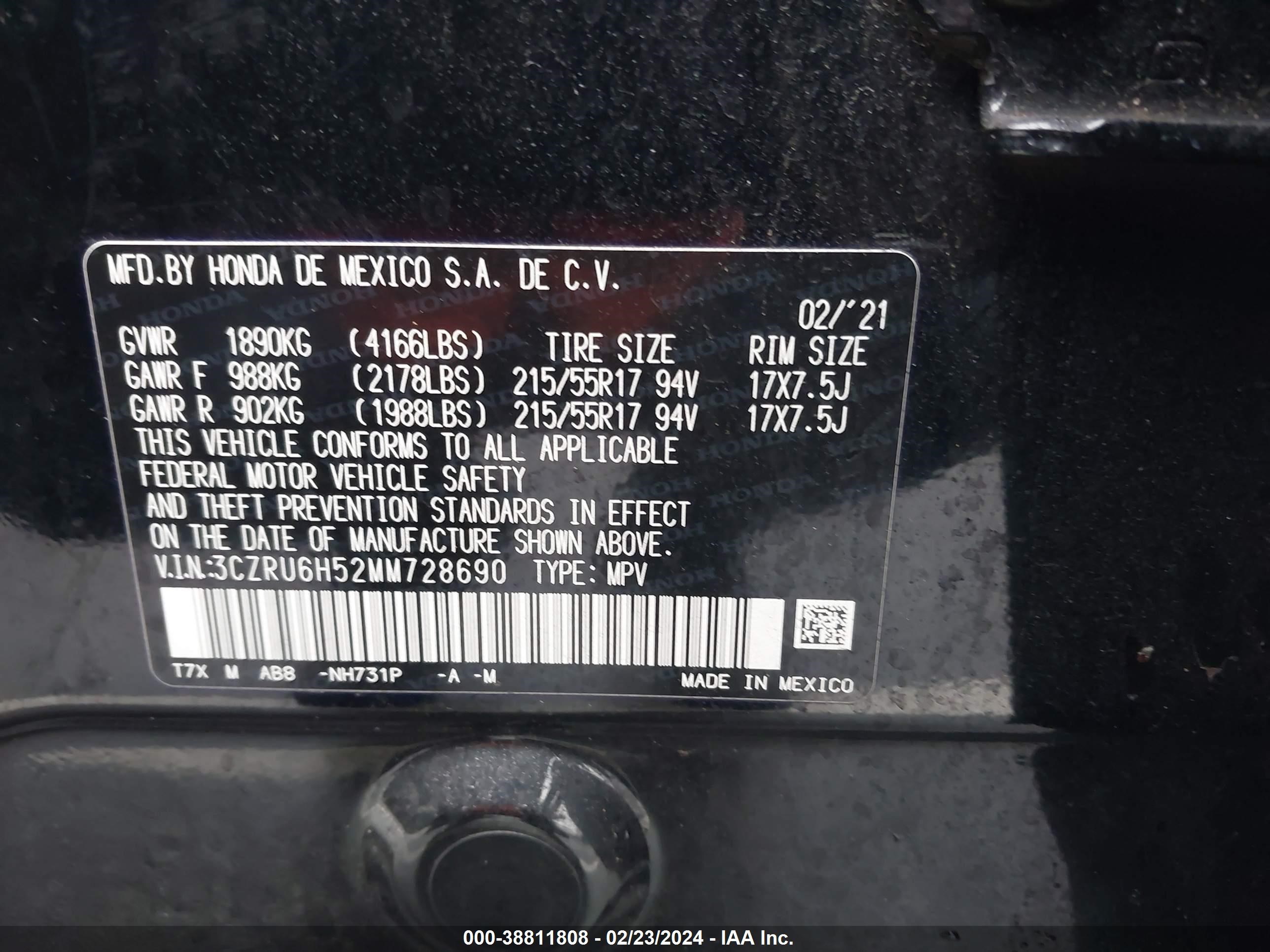 Photo 8 VIN: 3CZRU6H52MM728690 - HONDA HR-V 