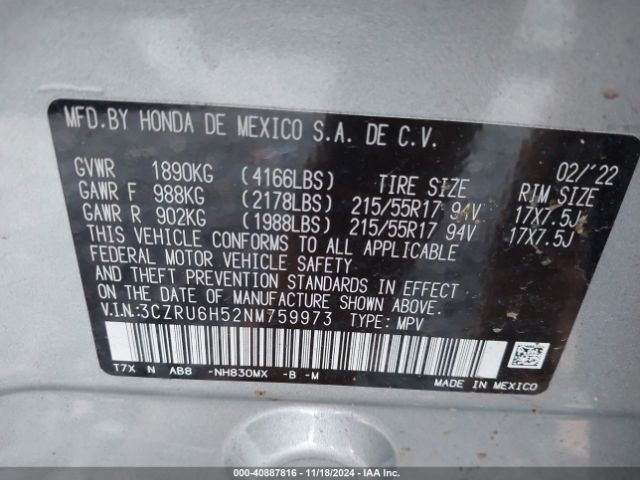 Photo 8 VIN: 3CZRU6H52NM759973 - HONDA HR-V 