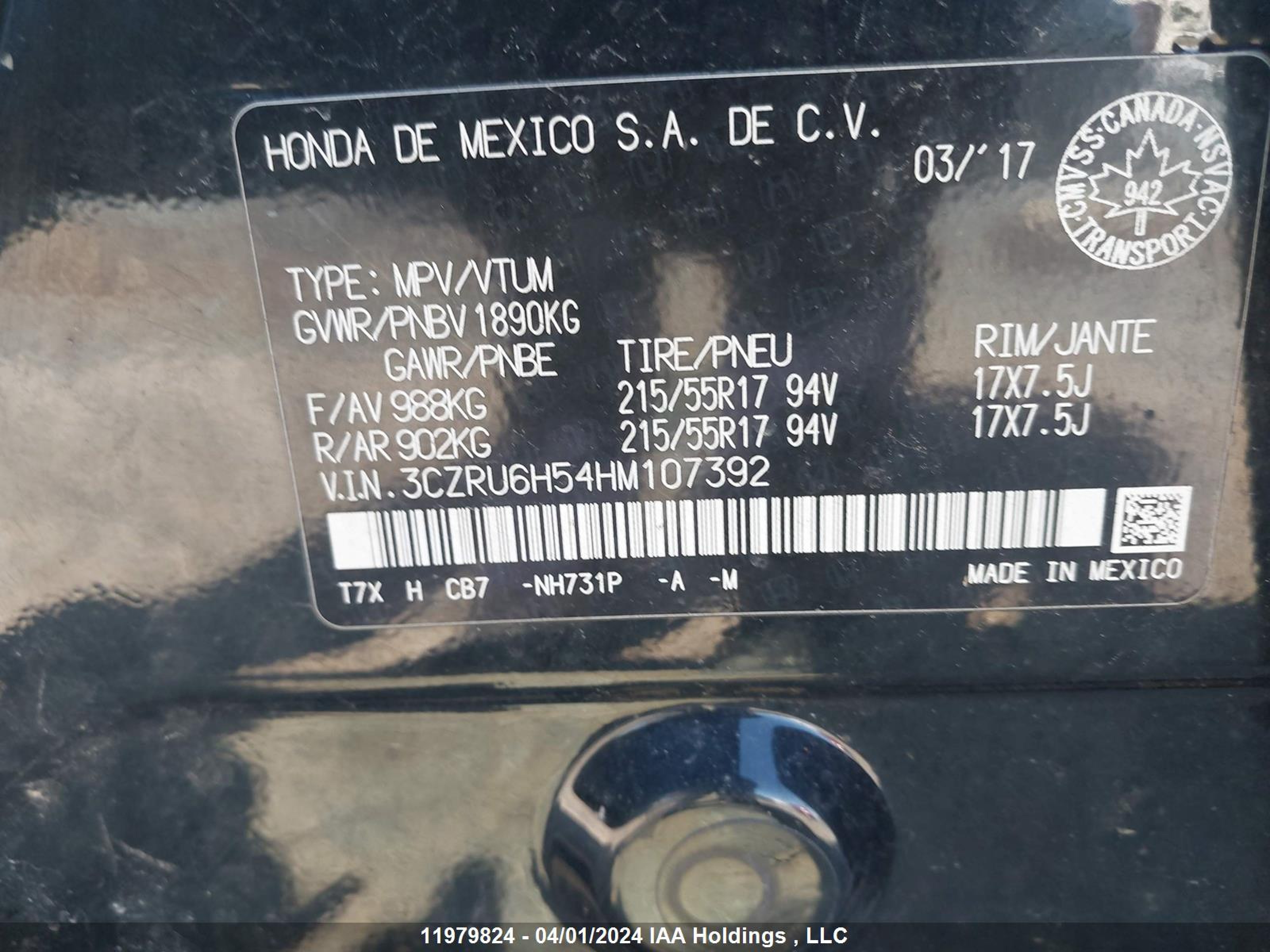 Photo 8 VIN: 3CZRU6H54HM107392 - HONDA HR-V 