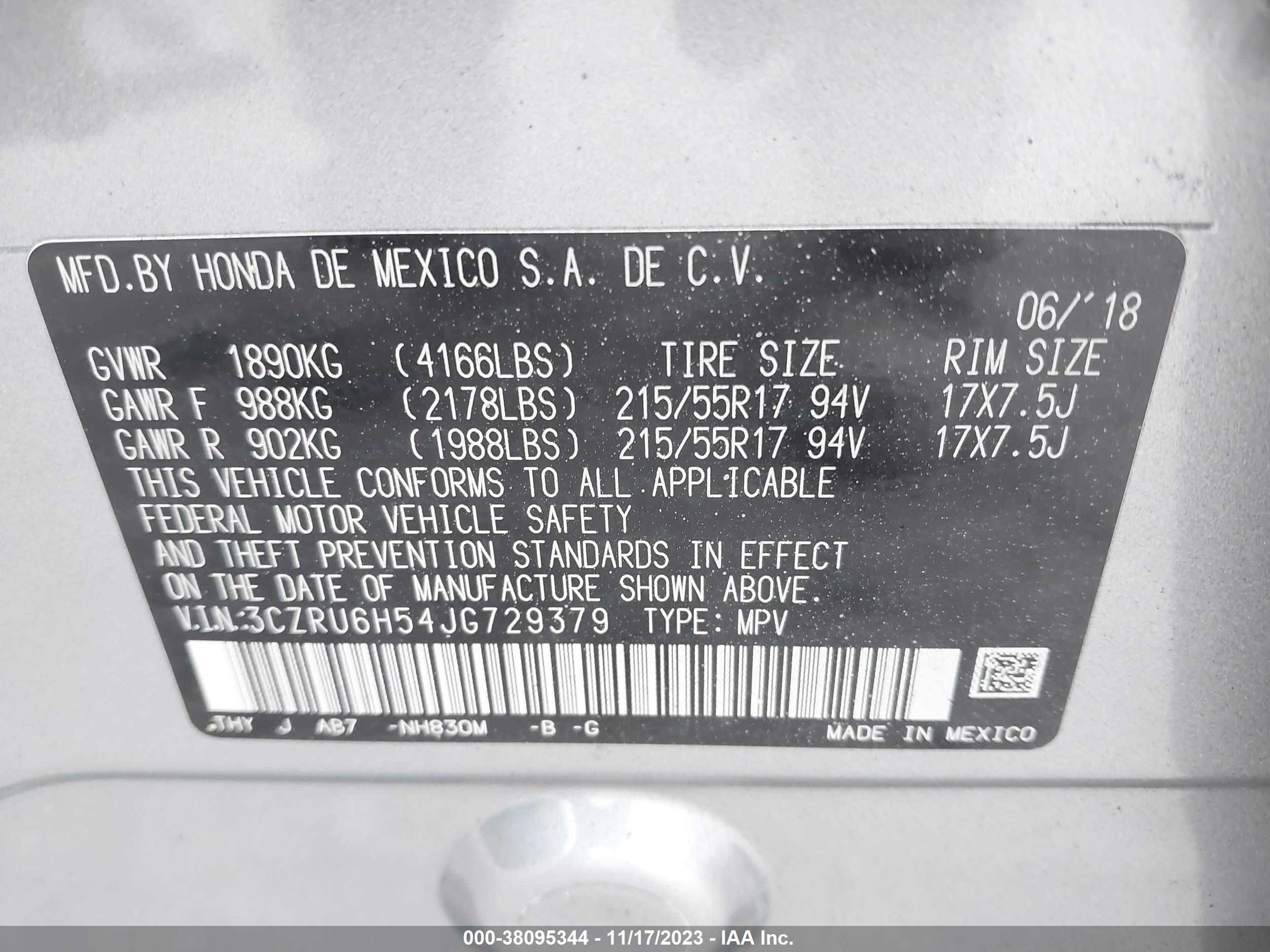 Photo 8 VIN: 3CZRU6H54JG729379 - HONDA HR-V 