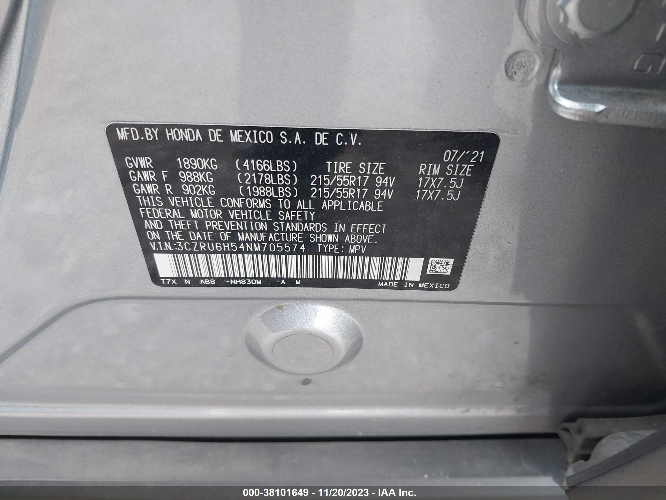 Photo 8 VIN: 3CZRU6H54NM705574 - HONDA HR-V 