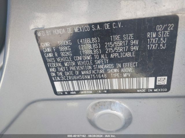 Photo 8 VIN: 3CZRU6H56NM751648 - HONDA HR-V 