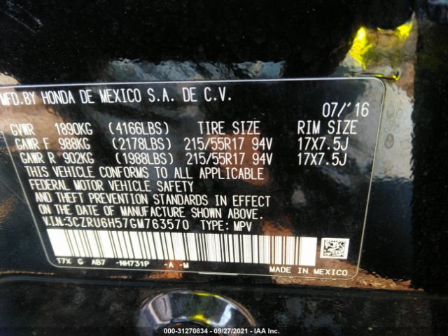 Photo 8 VIN: 3CZRU6H57GM763570 - HONDA HR-V 