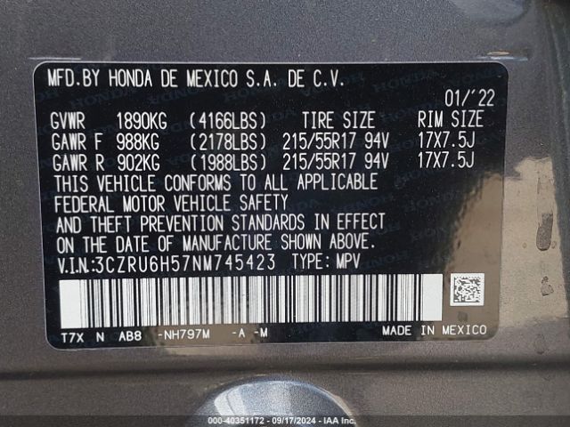 Photo 8 VIN: 3CZRU6H57NM745423 - HONDA HR-V 