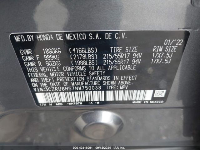 Photo 8 VIN: 3CZRU6H57NM750038 - HONDA HR-V 