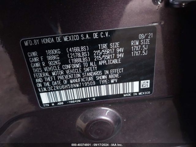 Photo 8 VIN: 3CZRU6H58NM719509 - HONDA HR-V 