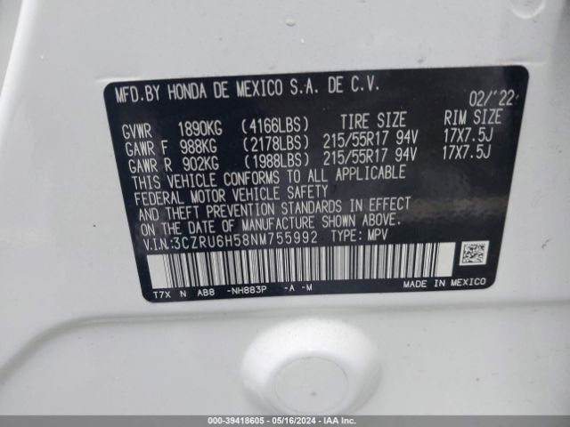 Photo 8 VIN: 3CZRU6H58NM755992 - HONDA HR-V 