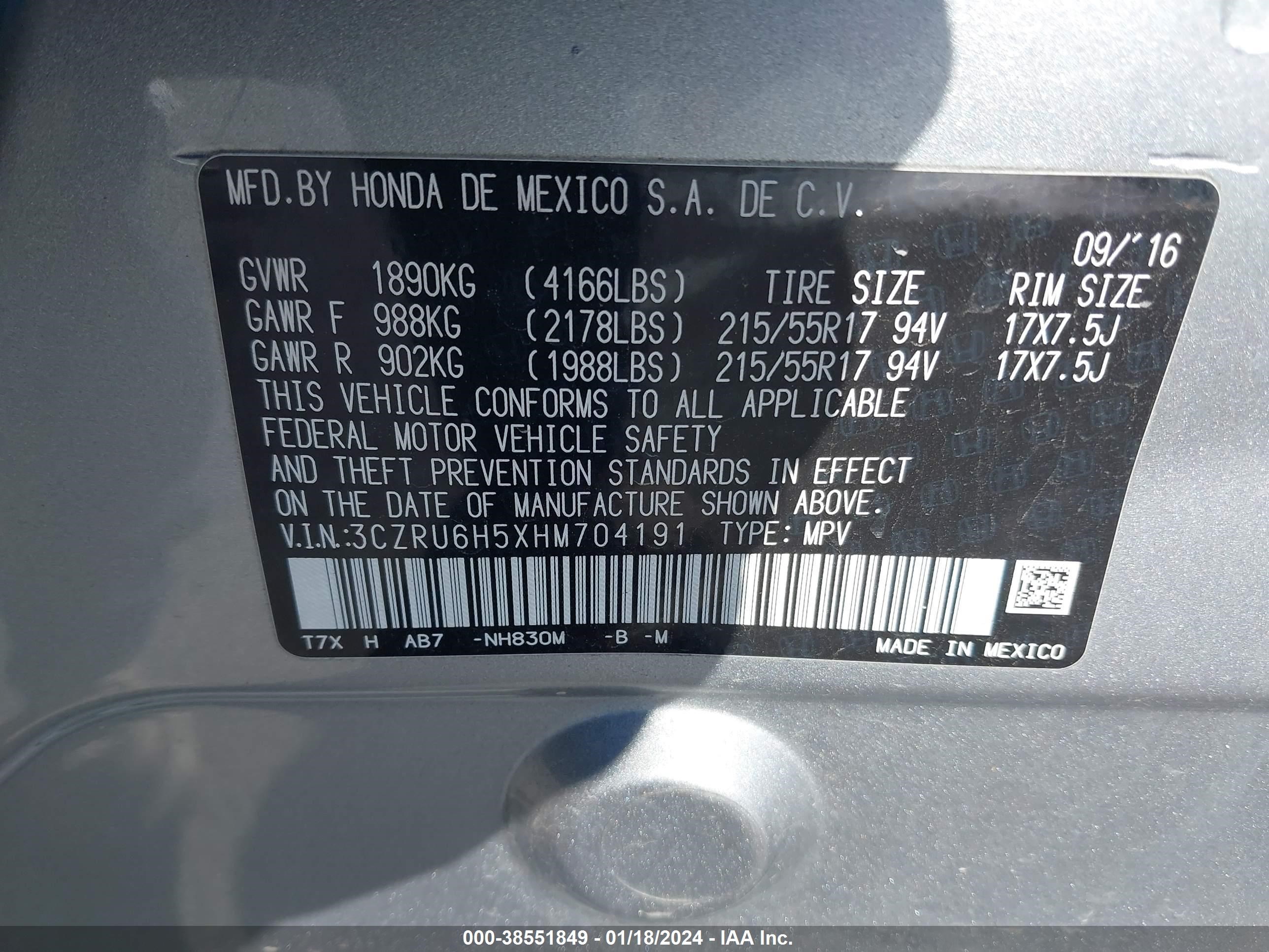 Photo 8 VIN: 3CZRU6H5XHM704191 - HONDA HR-V 