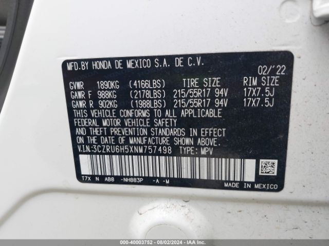 Photo 8 VIN: 3CZRU6H5XNM757498 - HONDA HR-V 