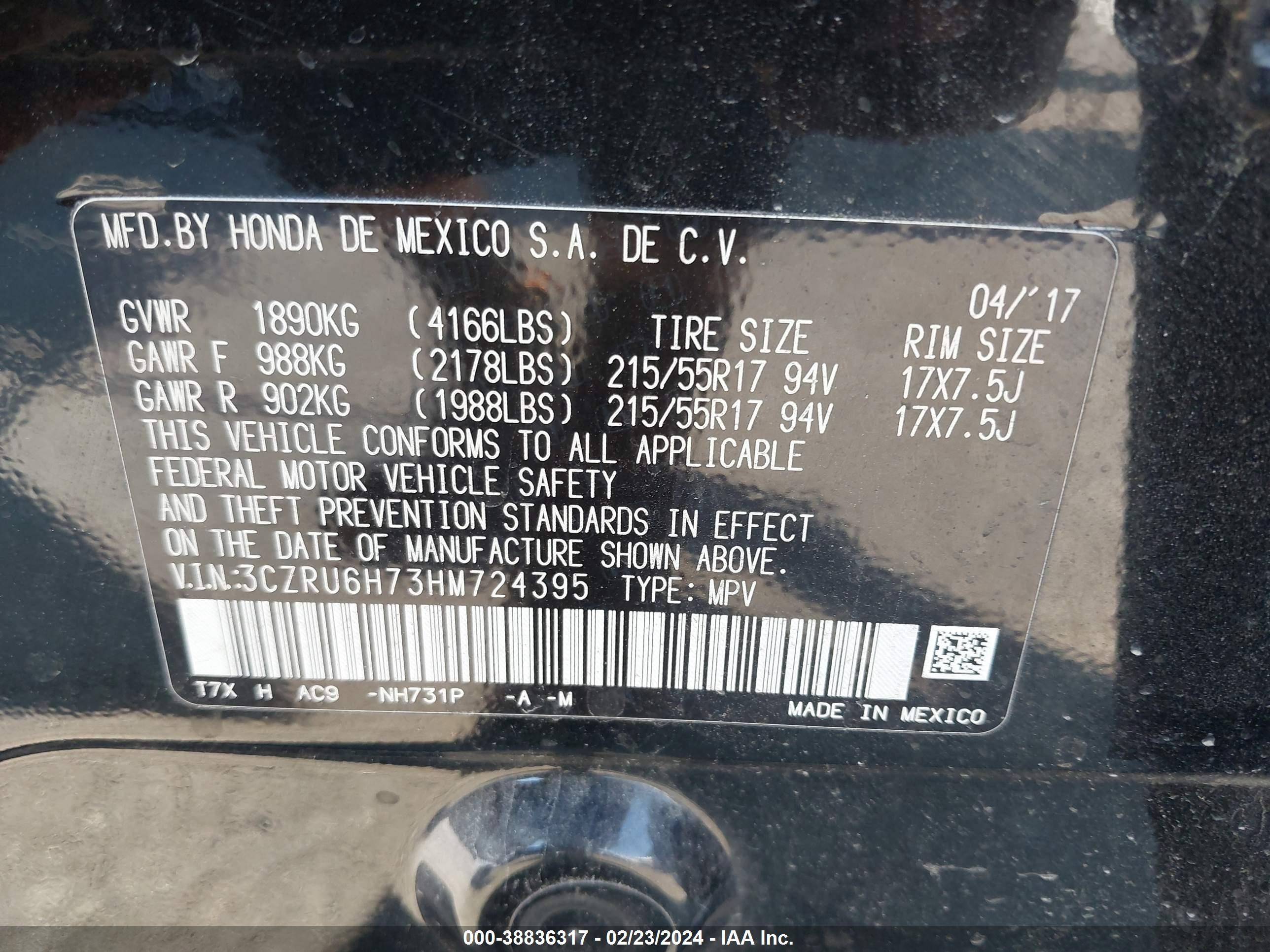 Photo 8 VIN: 3CZRU6H73HM724395 - HONDA HR-V 