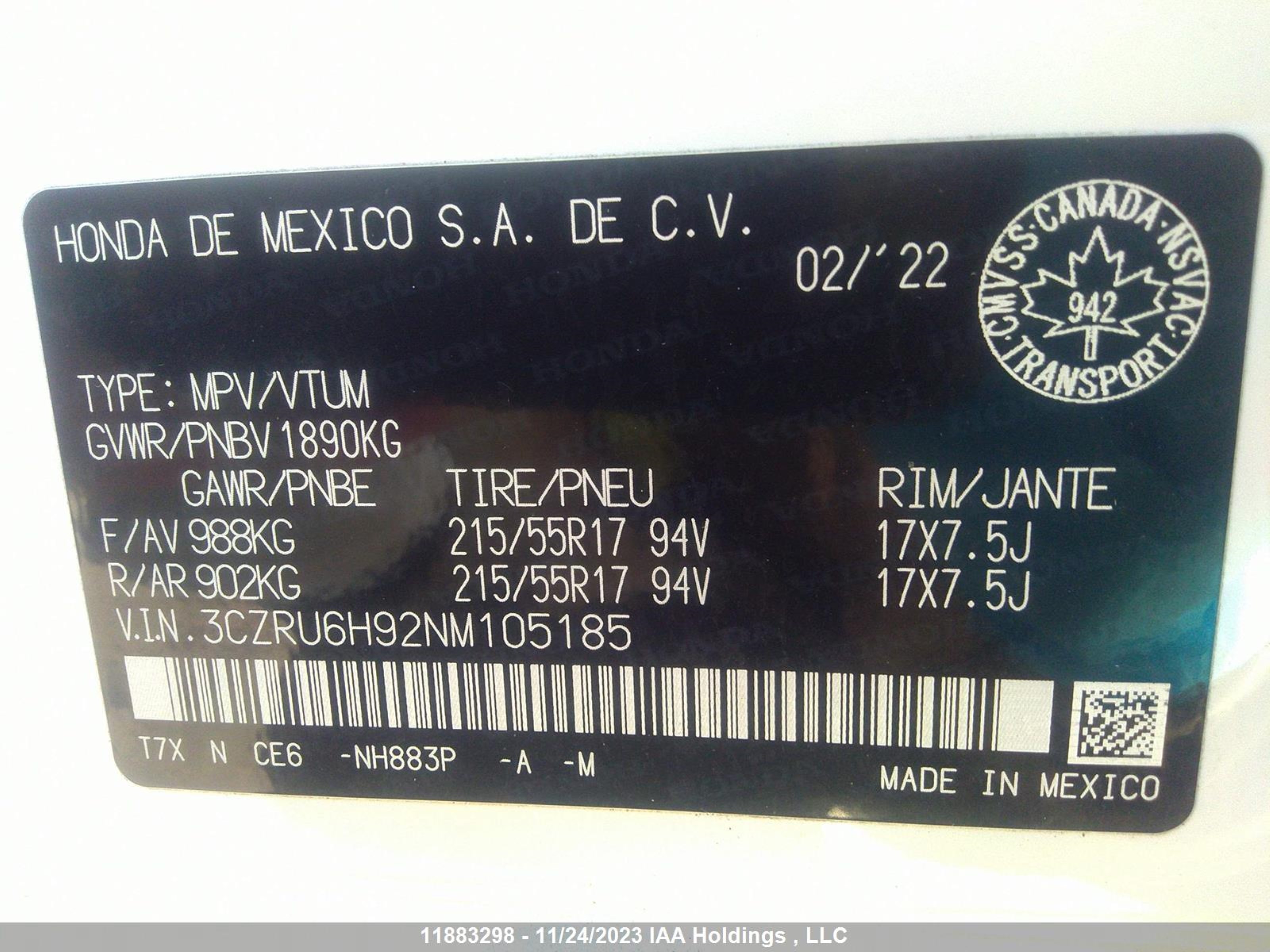 Photo 8 VIN: 3CZRU6H92NM105185 - HONDA HR-V 