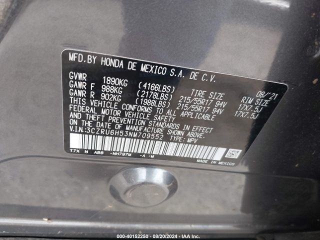 Photo 8 VIN: 3CZRUGH53NM709552 - HONDA HR-V EX AWD 