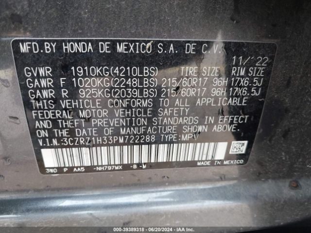 Photo 8 VIN: 3CZRZ1H33PM722288 - HONDA HR-V 