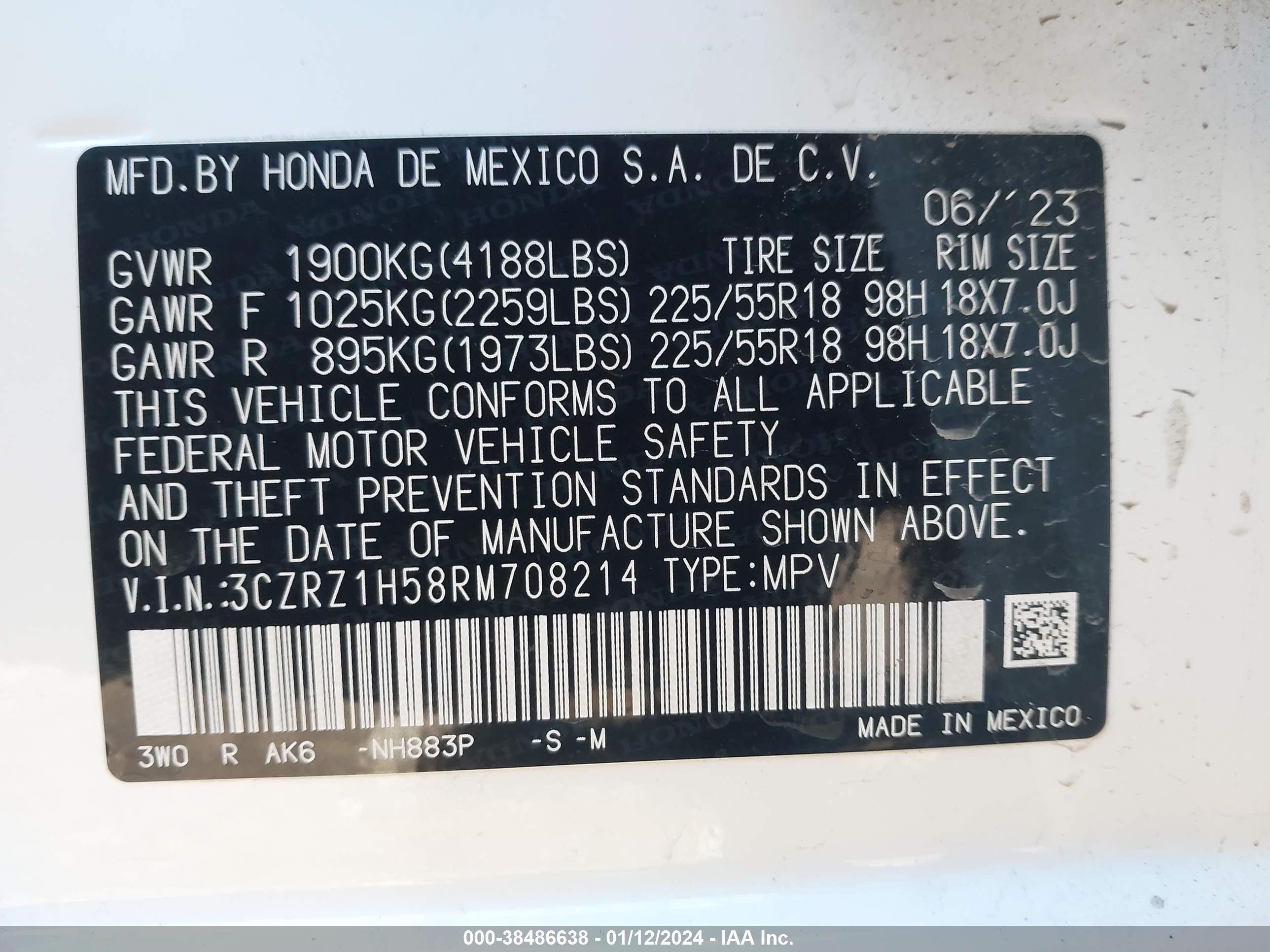 Photo 8 VIN: 3CZRZ1H58RM708214 - HONDA HR-V 