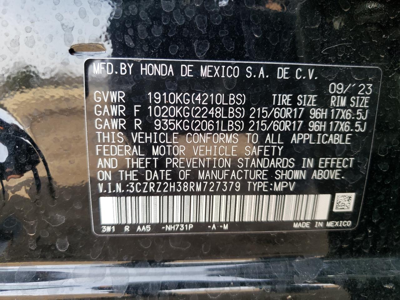 Photo 12 VIN: 3CZRZ2H38RM727379 - HONDA HR-V 