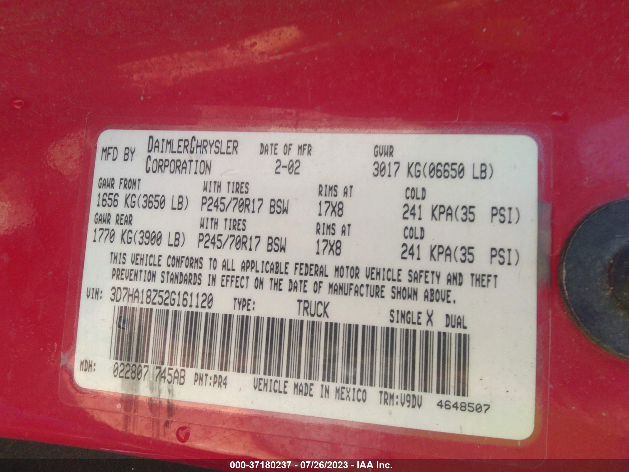 Photo 8 VIN: 3D7HA18Z52G161120 - DODGE RAM 