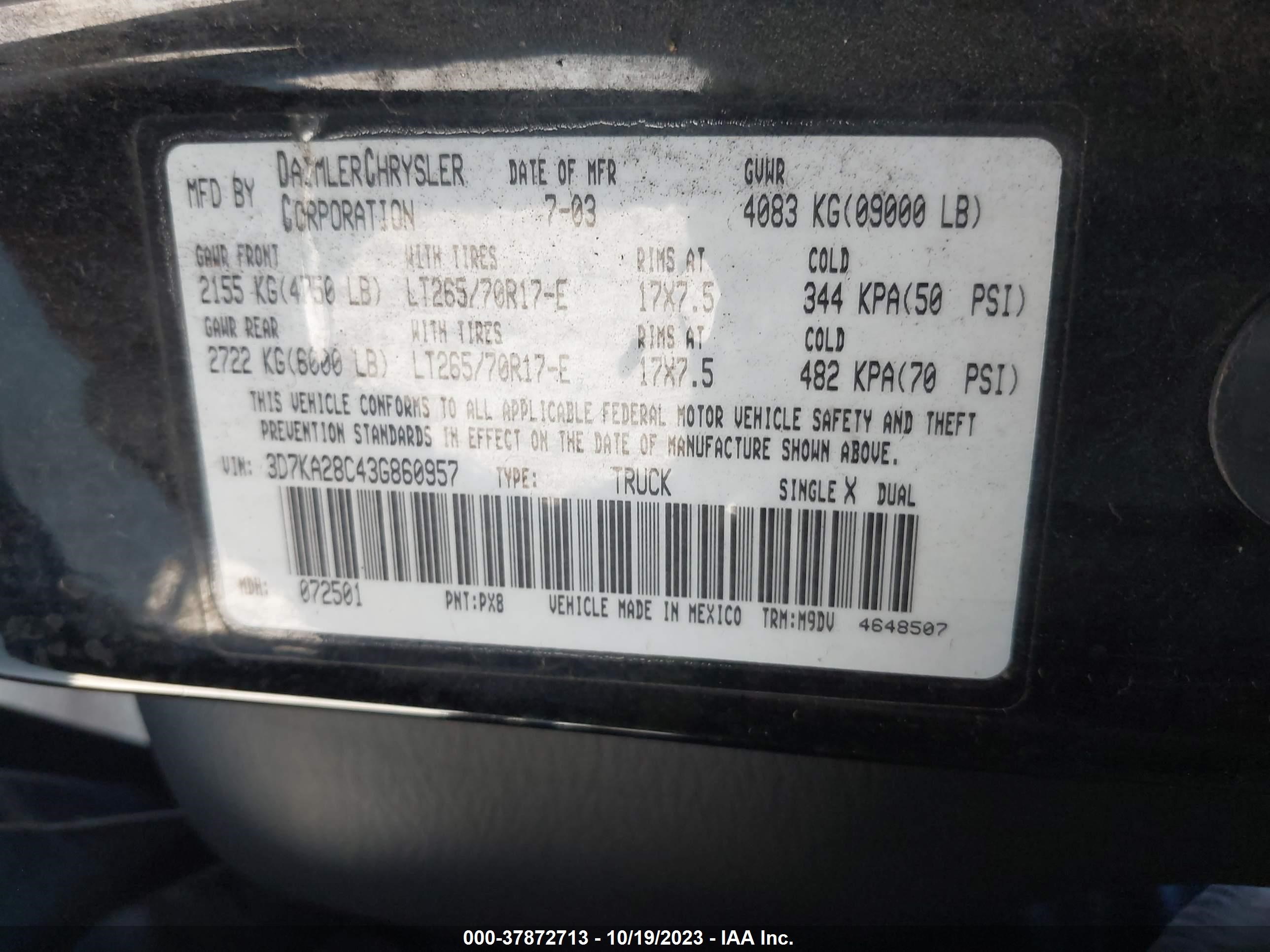 Photo 8 VIN: 3D7KA28C43G860957 - DODGE RAM 