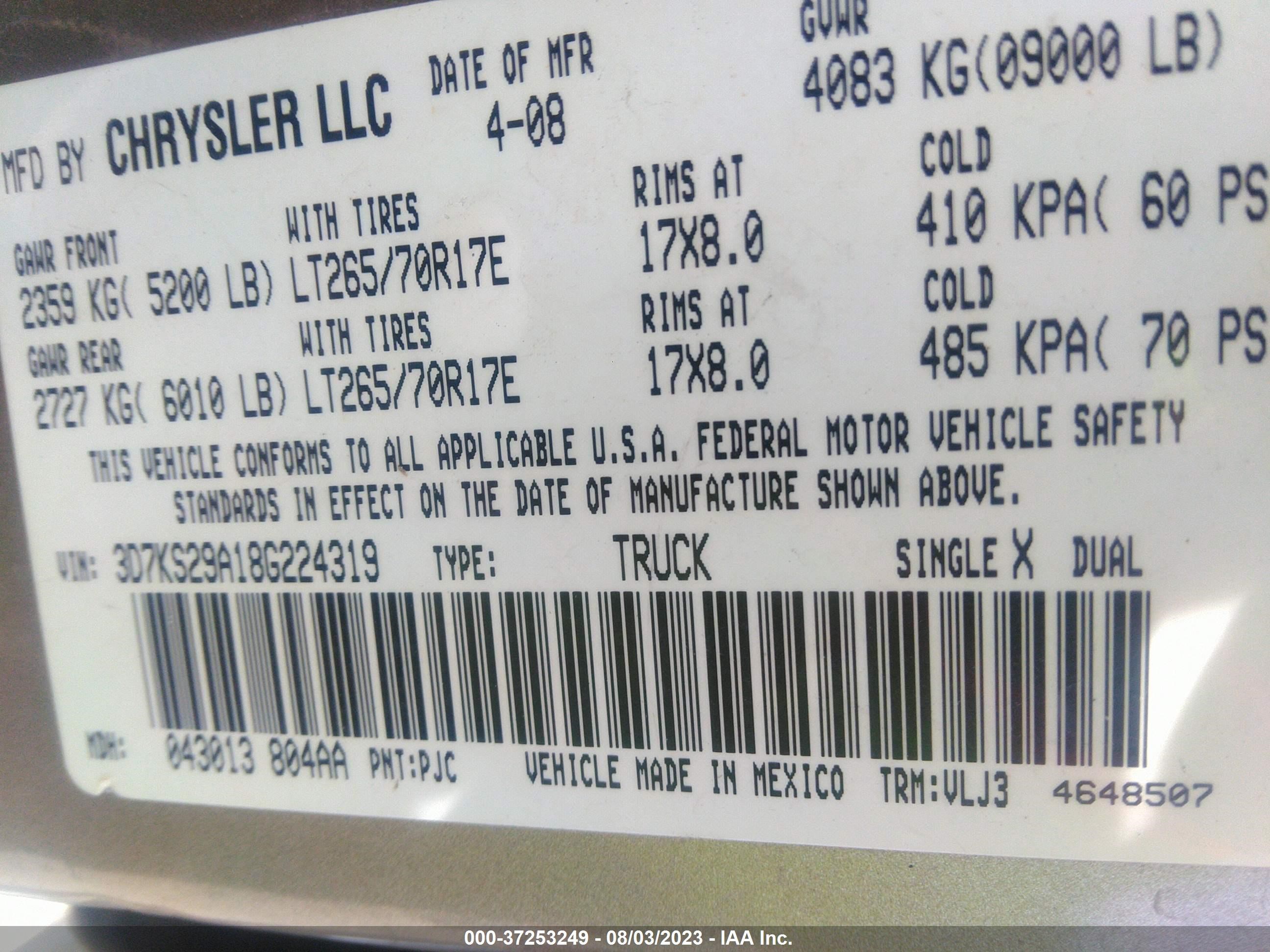 Photo 8 VIN: 3D7KS29A18G224319 - DODGE RAM 