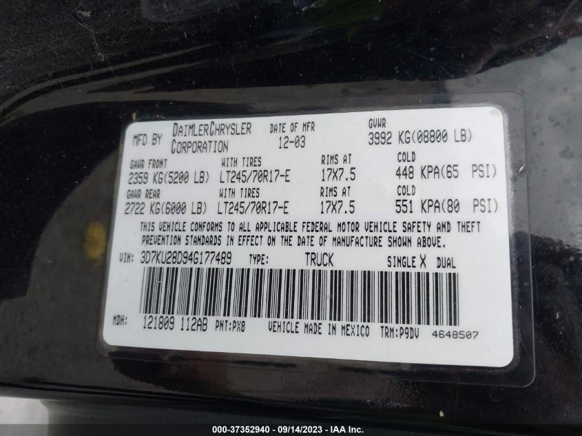 Photo 8 VIN: 3D7KU28D94G177489 - DODGE RAM 