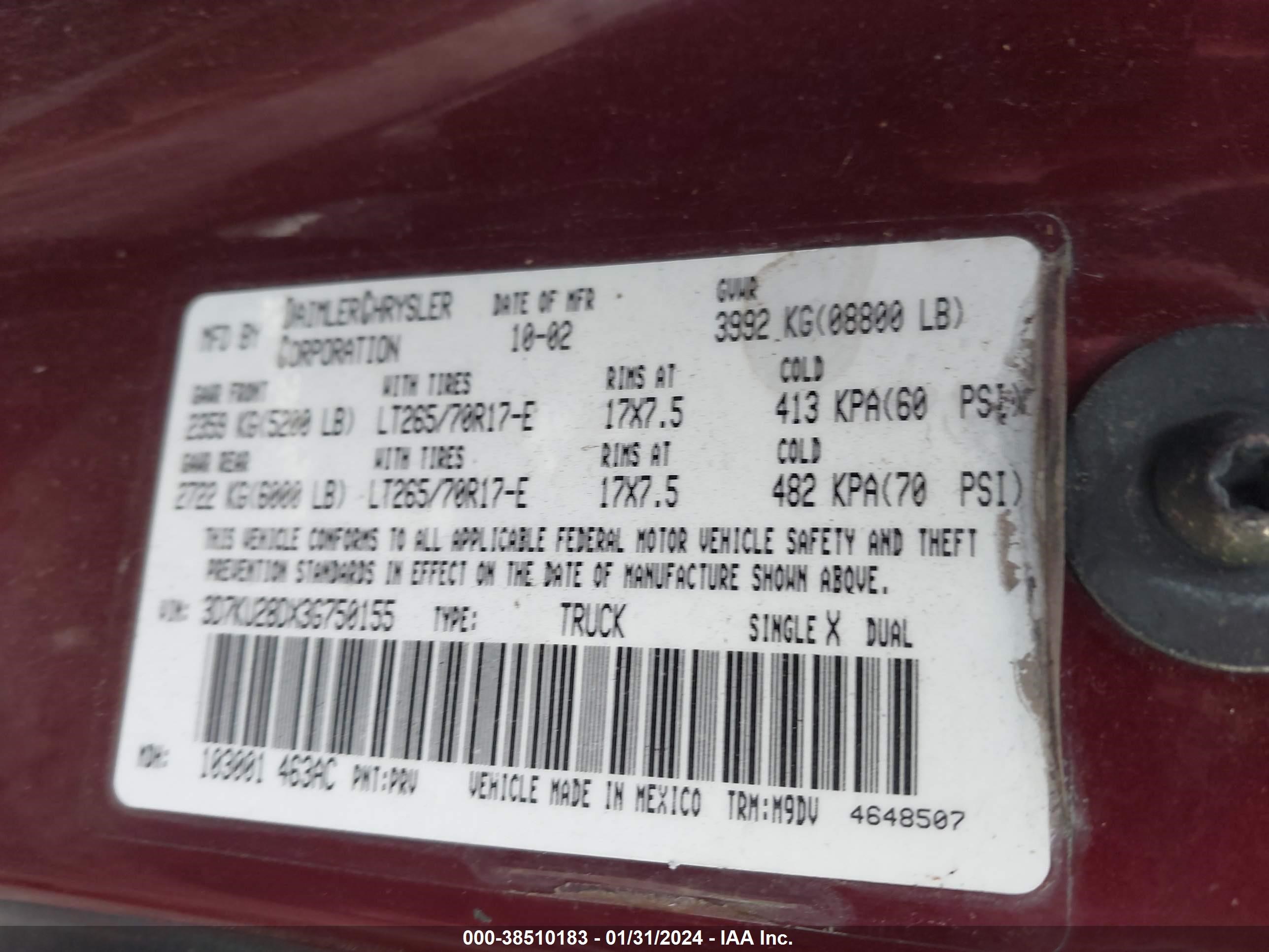 Photo 8 VIN: 3D7KU28DX3G750155 - DODGE RAM 