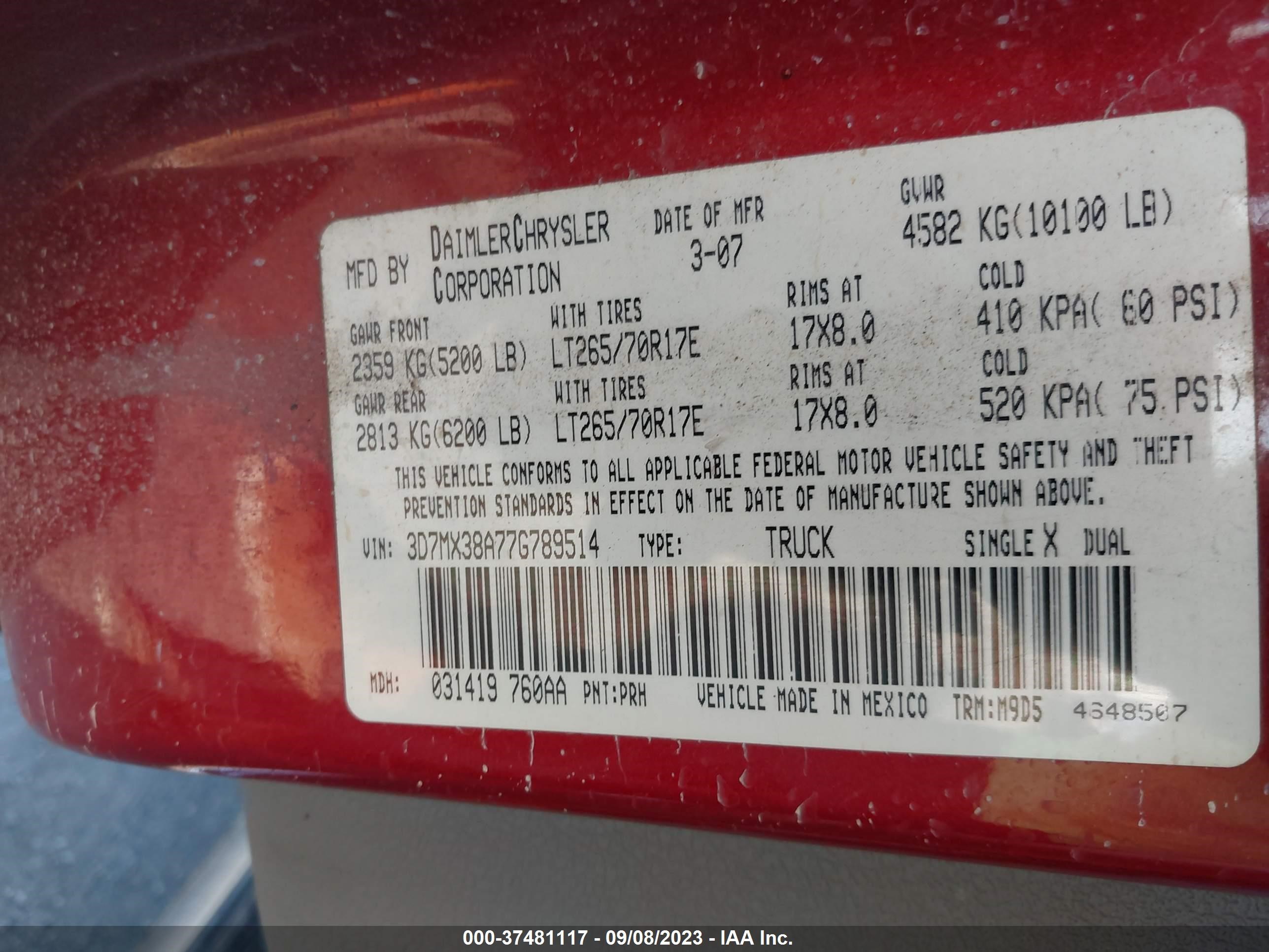 Photo 8 VIN: 3D7MX38A77G789514 - DODGE RAM 