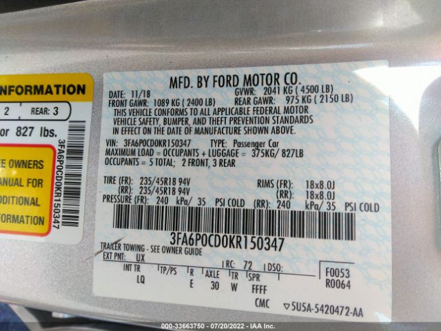 Photo 8 VIN: 3FA6P0CD0KR150347 - FORD FUSION 