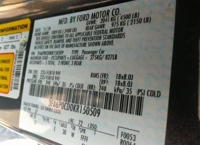 Photo 8 VIN: 3FA6P0CD0KR150509 - FORD FUSION 