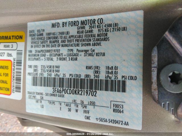 Photo 8 VIN: 3FA6P0CD0KR219702 - FORD FUSION 