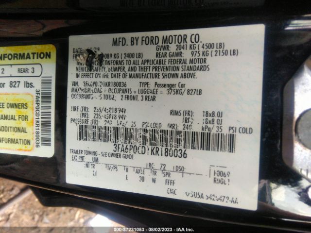 Photo 8 VIN: 3FA6P0CD1KR180036 - FORD FUSION 