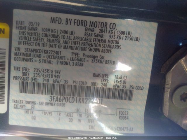 Photo 8 VIN: 3FA6P0CD1KR222401 - FORD FUSION 