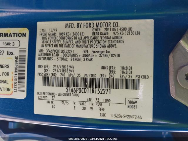 Photo 8 VIN: 3FA6P0CD1LR152271 - FORD FUSION 