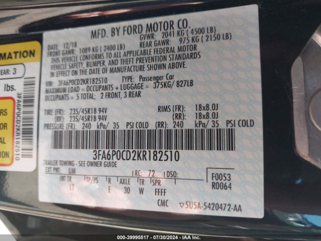 Photo 8 VIN: 3FA6P0CD2KR182510 - FORD FUSION 