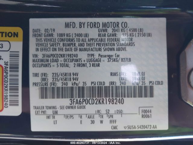 Photo 8 VIN: 3FA6P0CD2KR198240 - FORD FUSION 