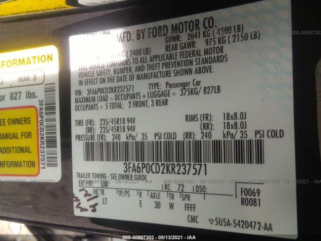 Photo 8 VIN: 3FA6P0CD2KR237571 - FORD FUSION 