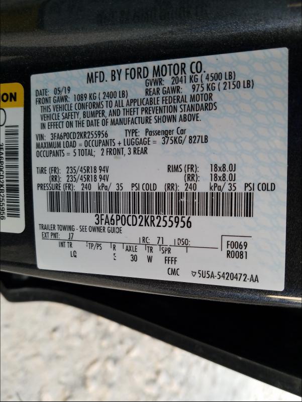 Photo 9 VIN: 3FA6P0CD2KR255956 - FORD FUSION 