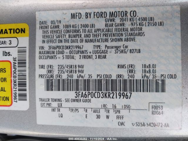 Photo 8 VIN: 3FA6P0CD3KR219967 - FORD FUSION 